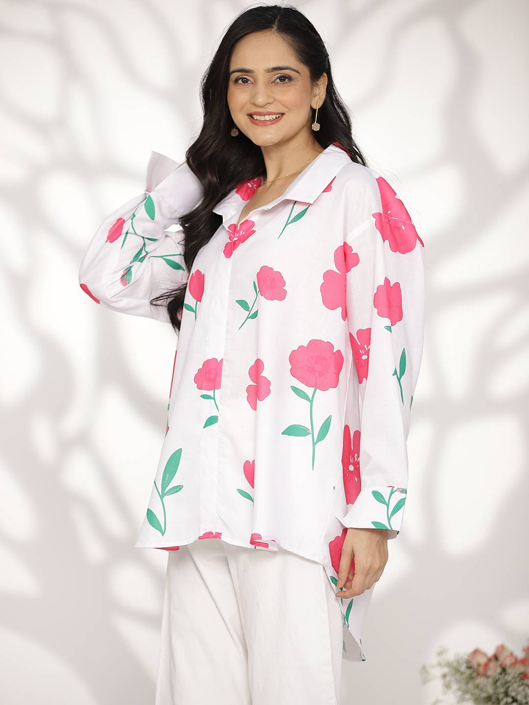 White&Fuschia FloralCottonSlub OversizedShirt