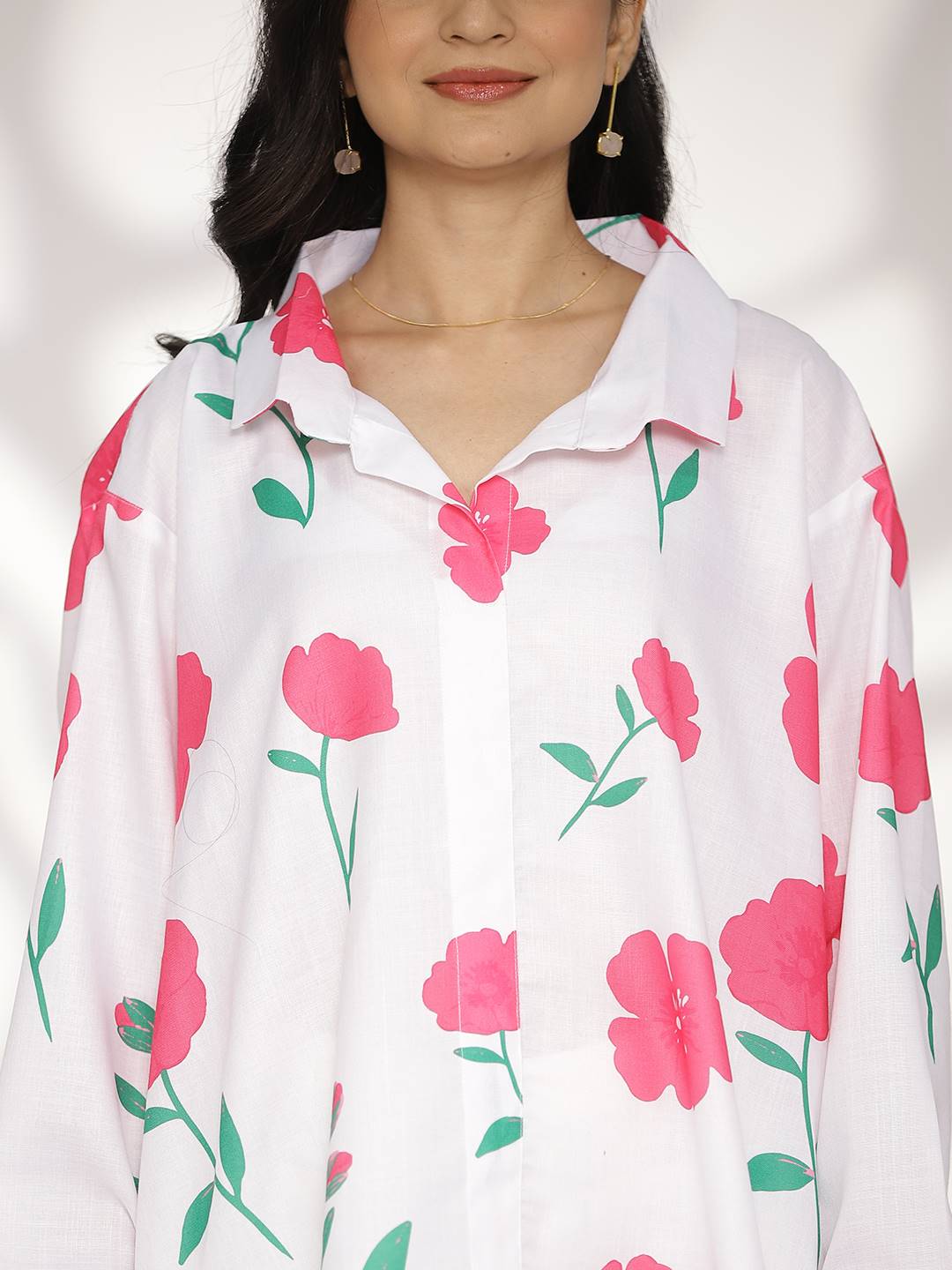 White&Fuschia FloralCottonSlub OversizedShirt