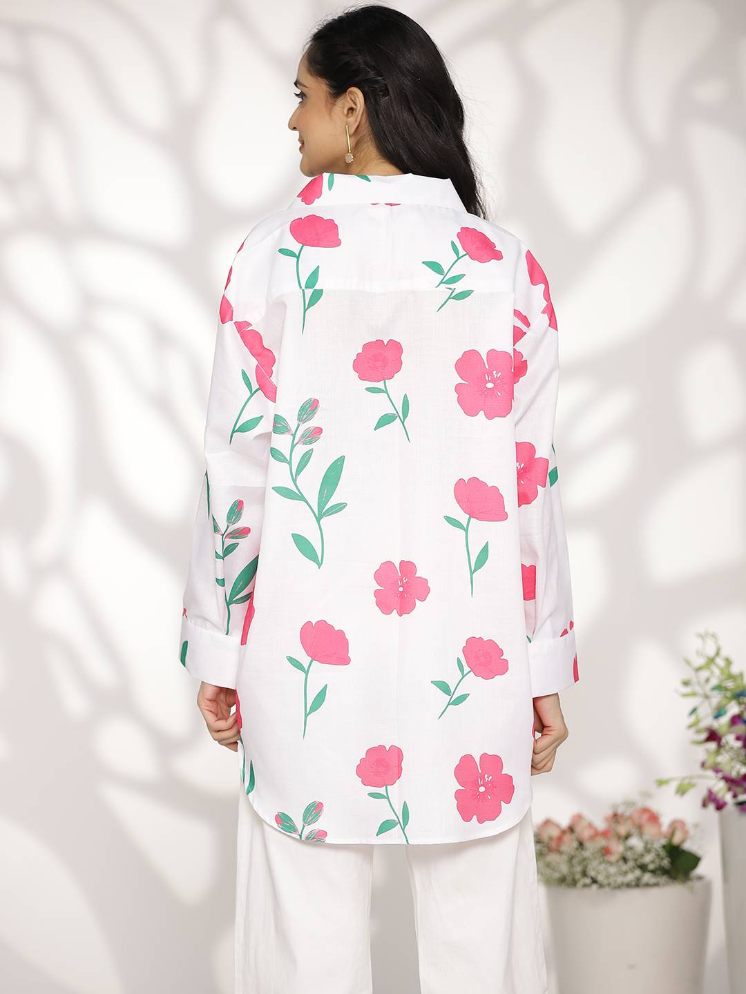 White&Fuschia FloralCottonSlub OversizedShirt