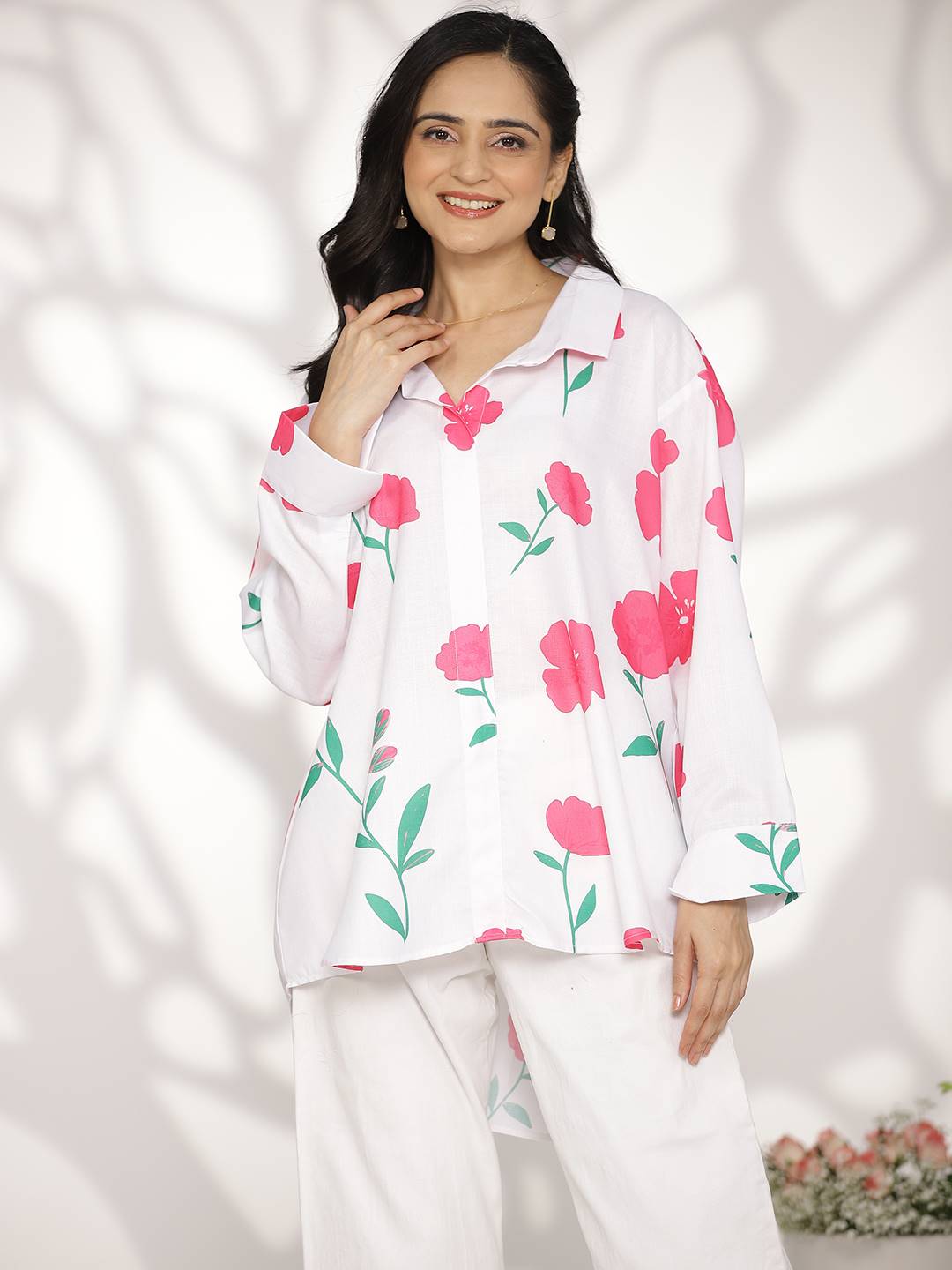 White&Fuschia FloralCottonSlub OversizedShirt