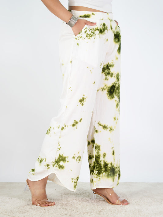 White&Green Rayon Curved Palazzos