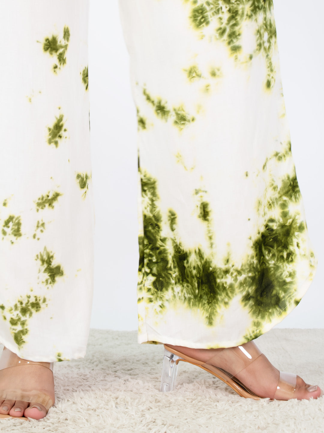 White&Green Rayon Curved Palazzos