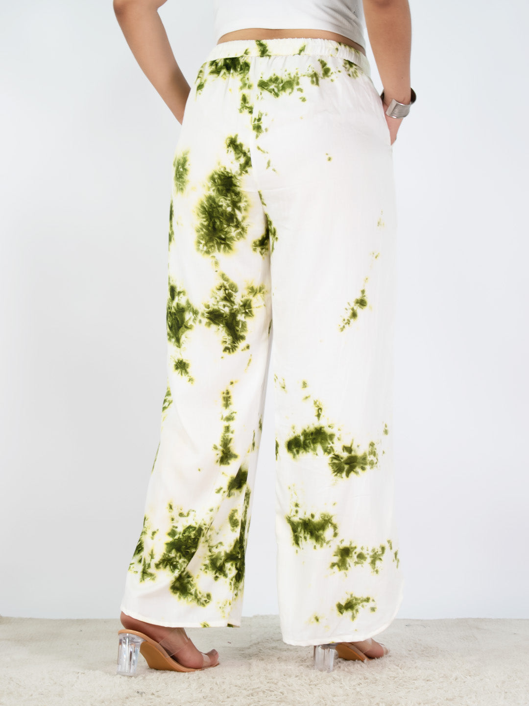 White&Green Rayon Curved Palazzos
