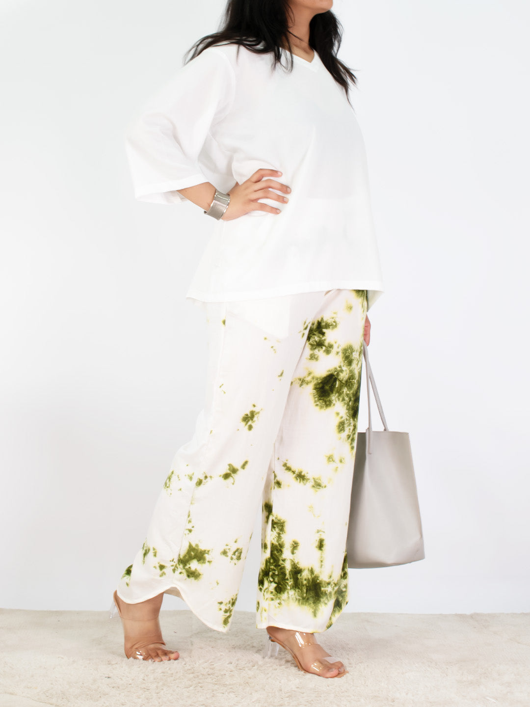White&Green Rayon Curved Palazzos