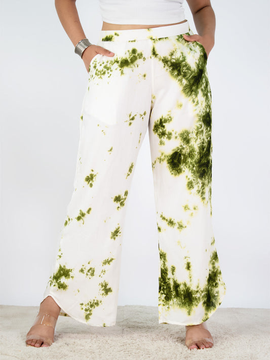 White&Green Rayon Curved Palazzos