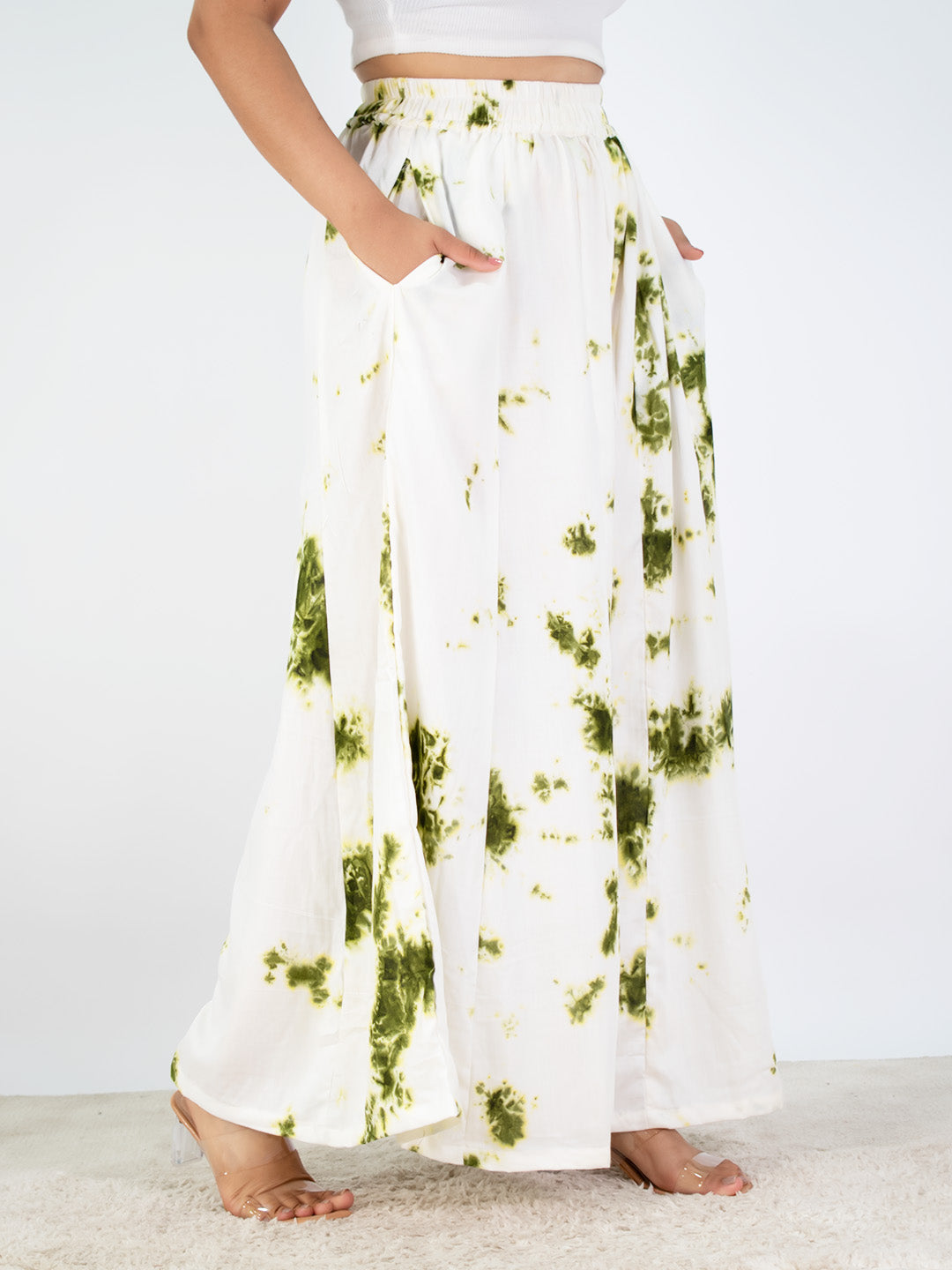 White&Green Rayon Flared Palazzo