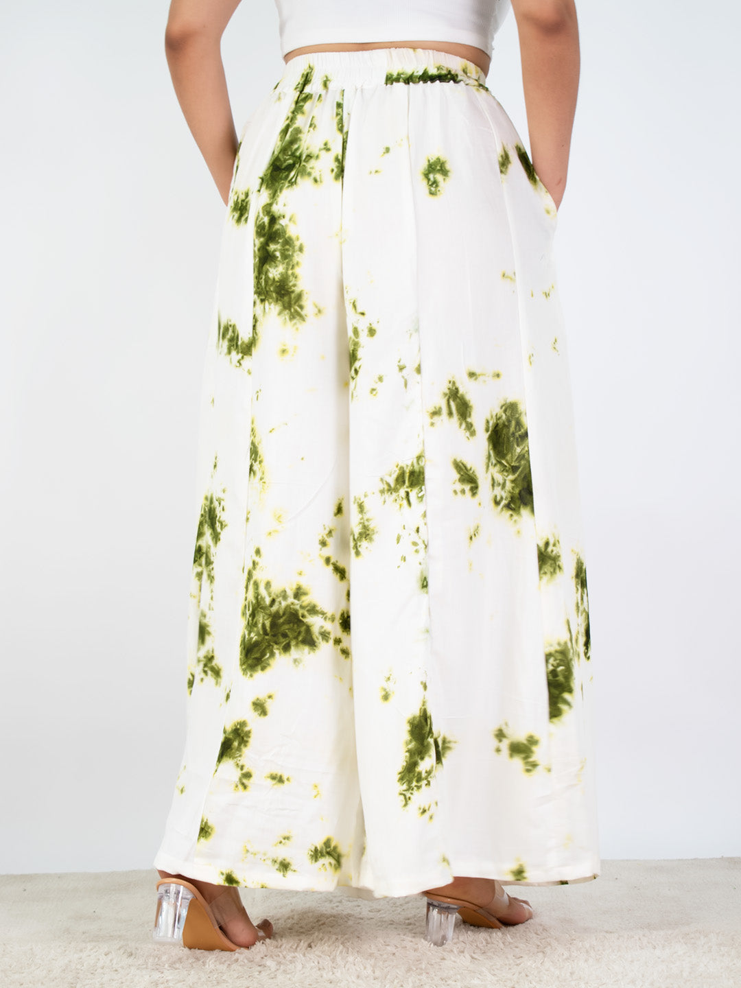 White&Green Rayon Flared Palazzo