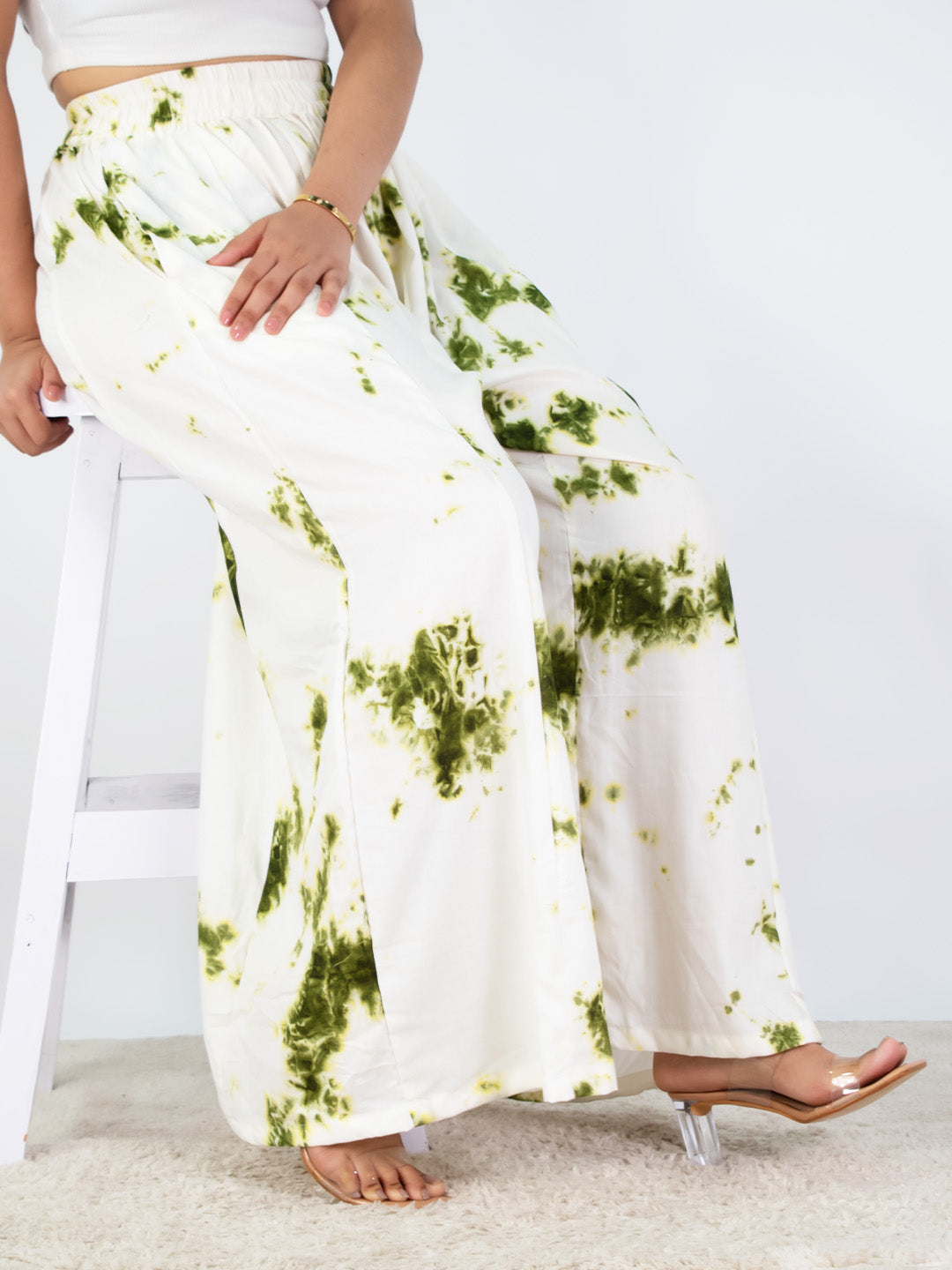 White&Green Rayon Flared Palazzo