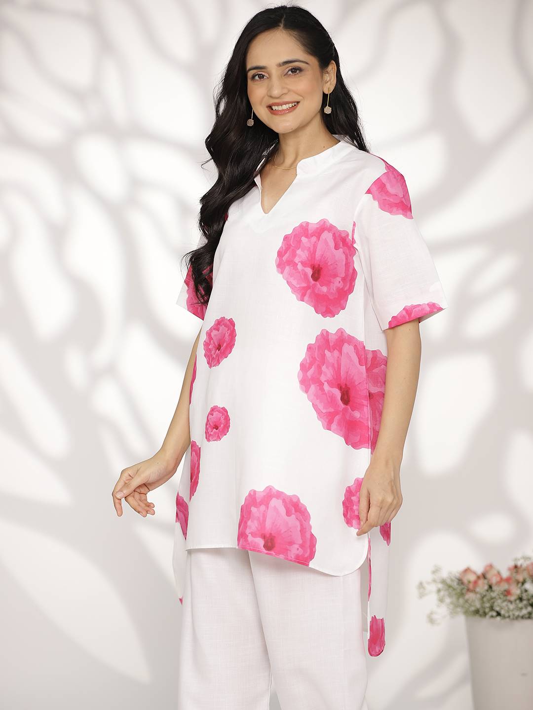 White&Pink FloralCottonSlub HighLowKurti