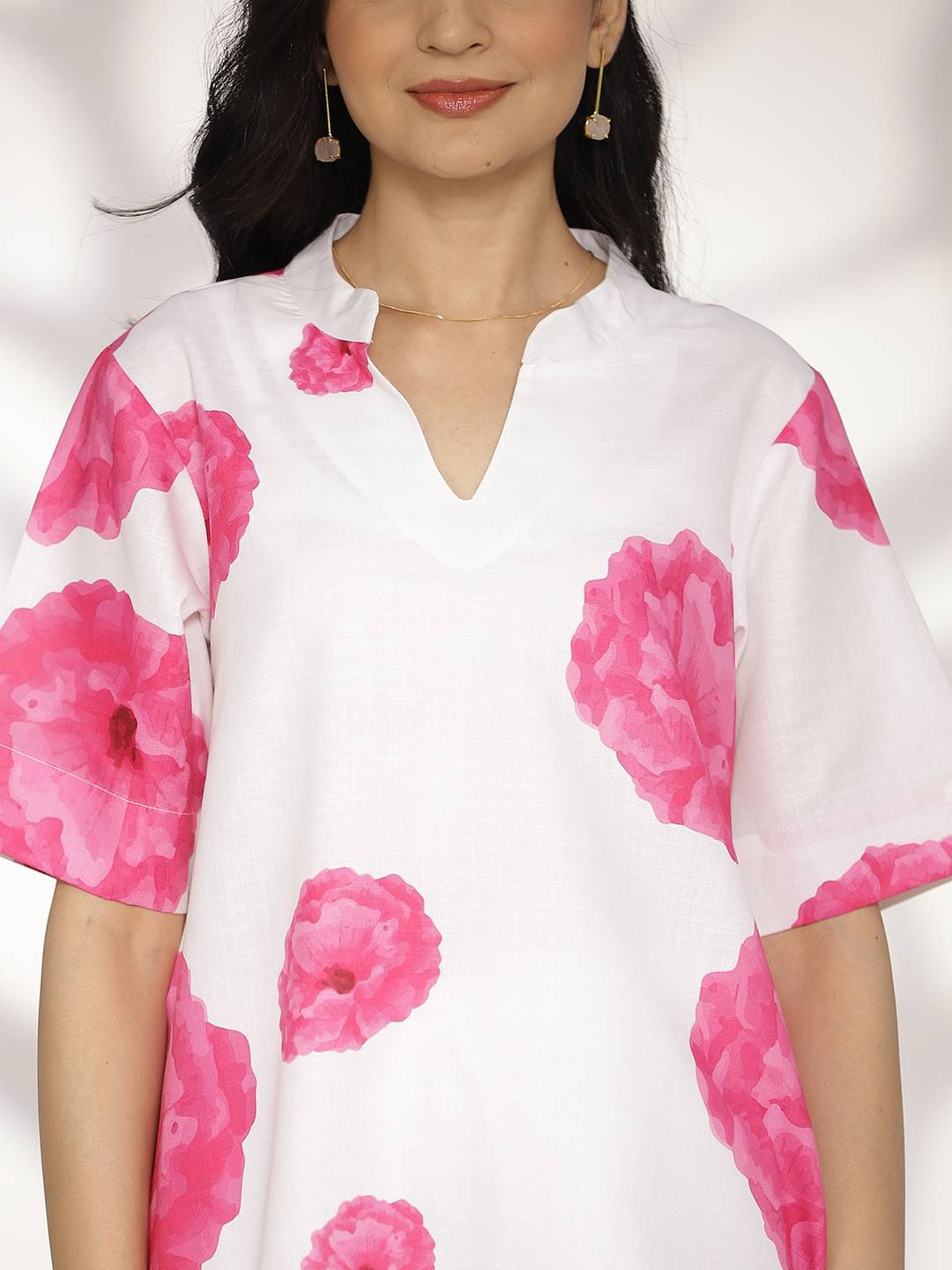 White&Pink FloralCottonSlub HighLowKurti