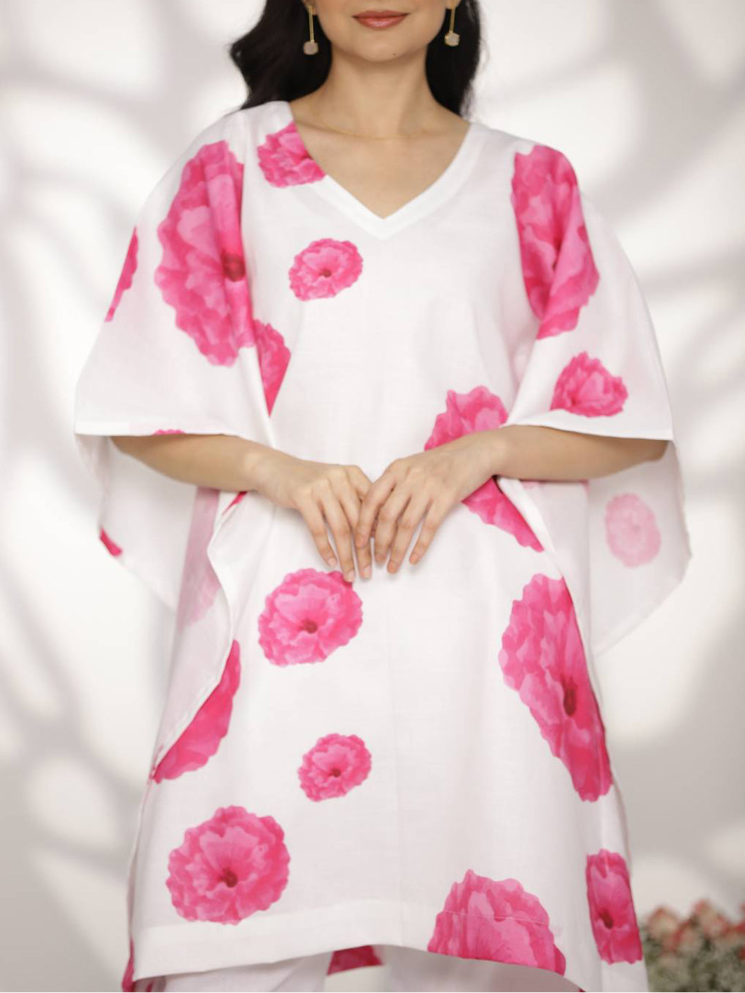 White&Pink FloralCottonSlub KaftanKurta