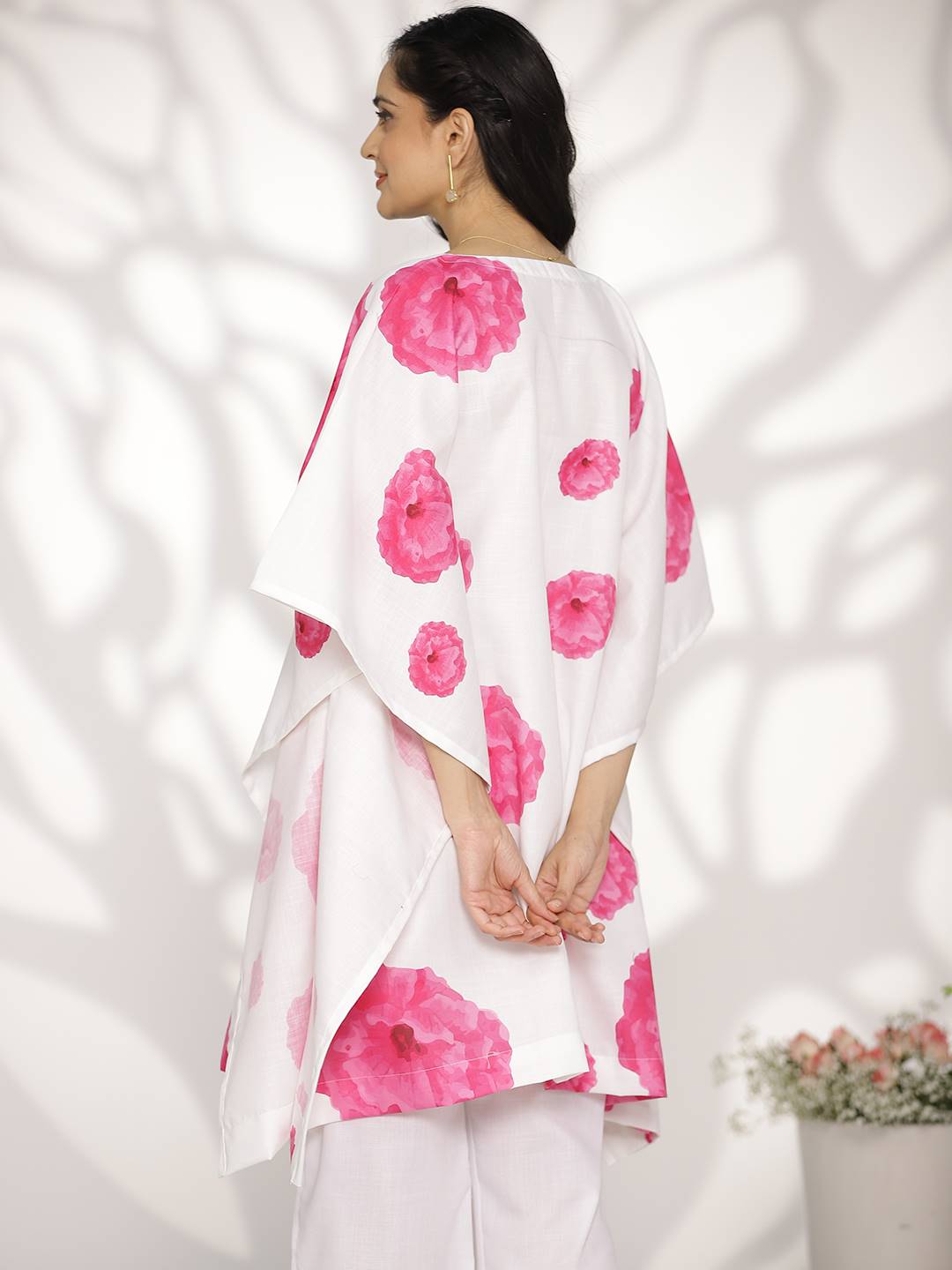 White&Pink FloralCottonSlub KaftanKurta