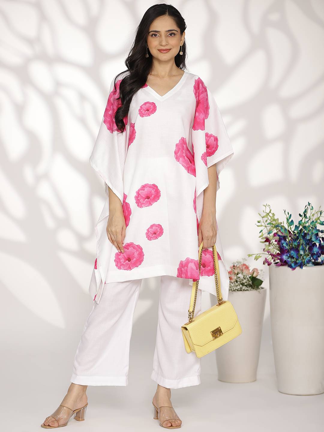 White&Pink FloralCottonSlub KaftanKurta