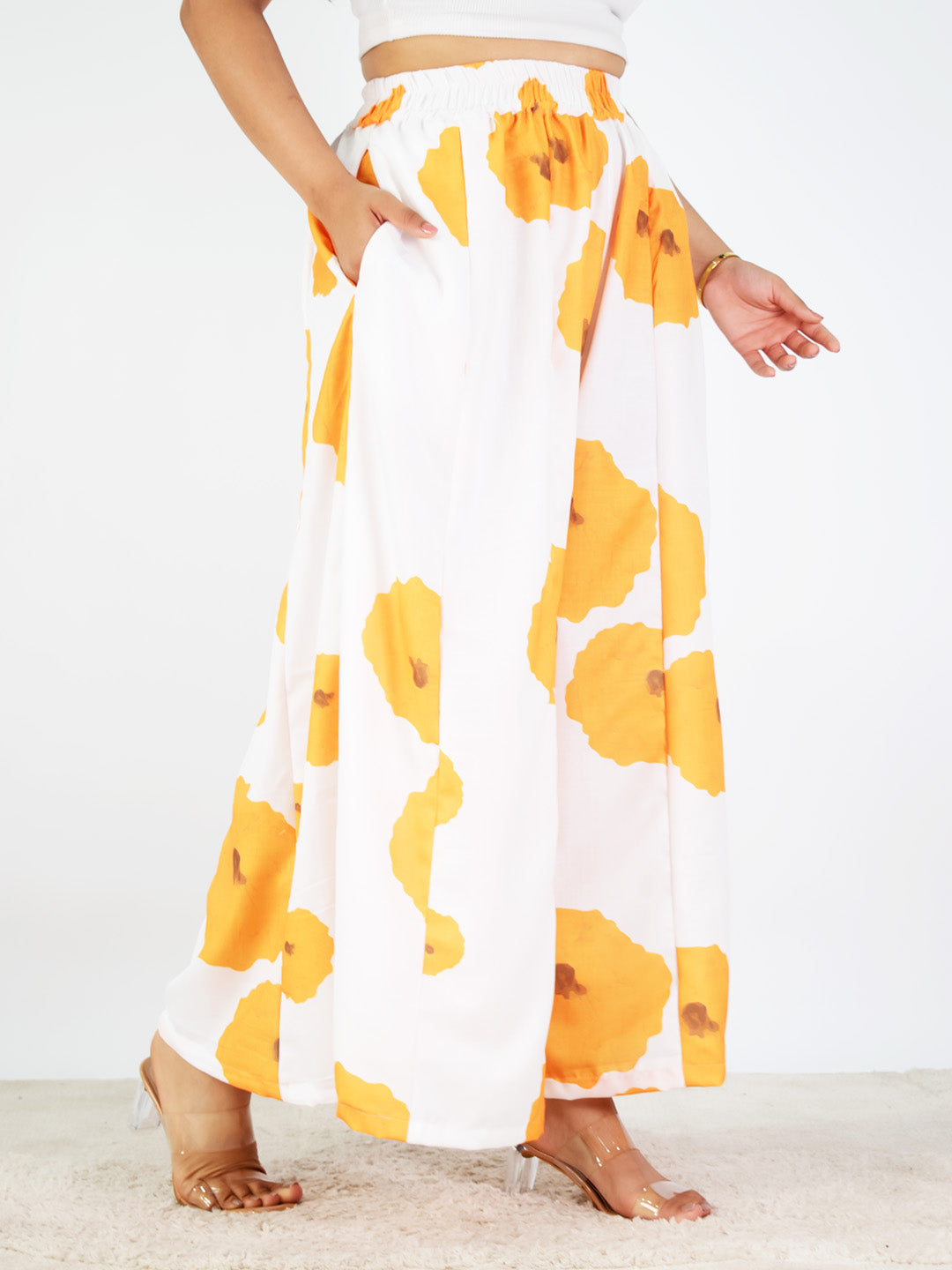 White&Yellow FloralCottonSlub Flared Palazzo