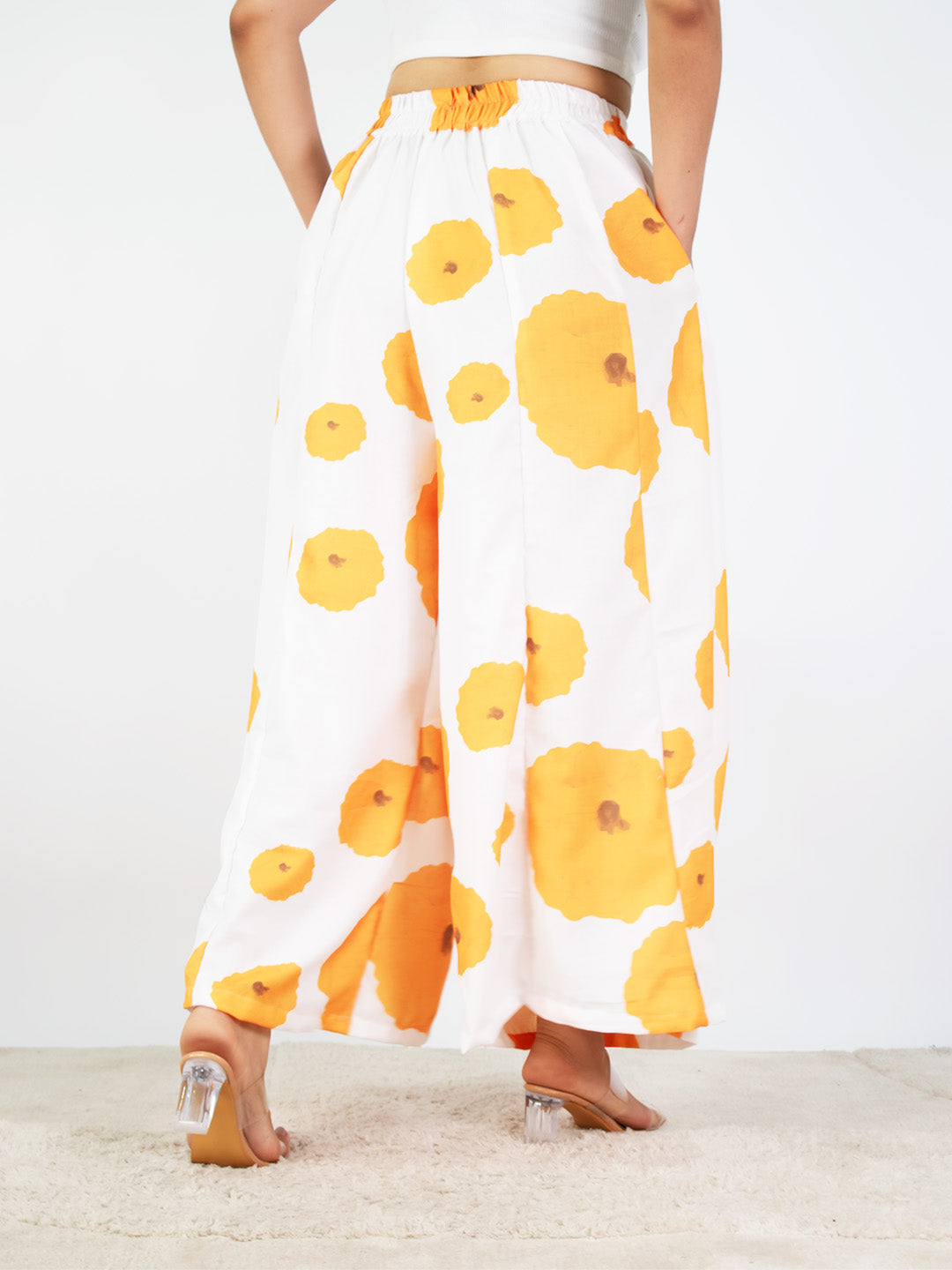 White&Yellow FloralCottonSlub Flared Palazzo