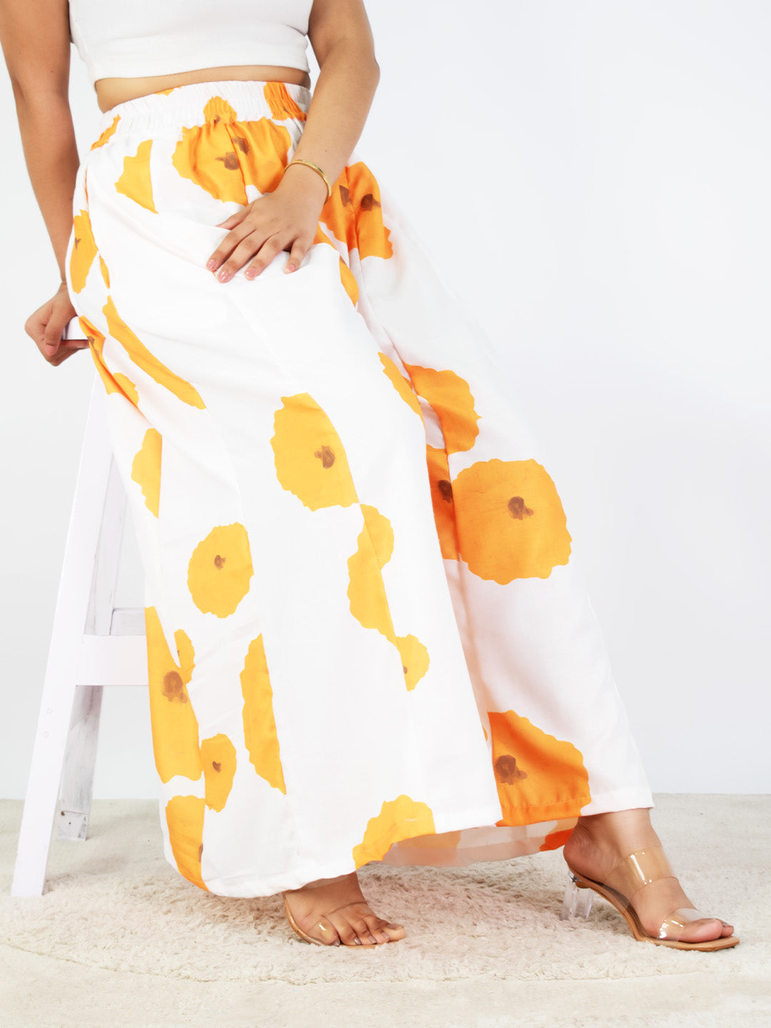 White&Yellow FloralCottonSlub Flared Palazzo