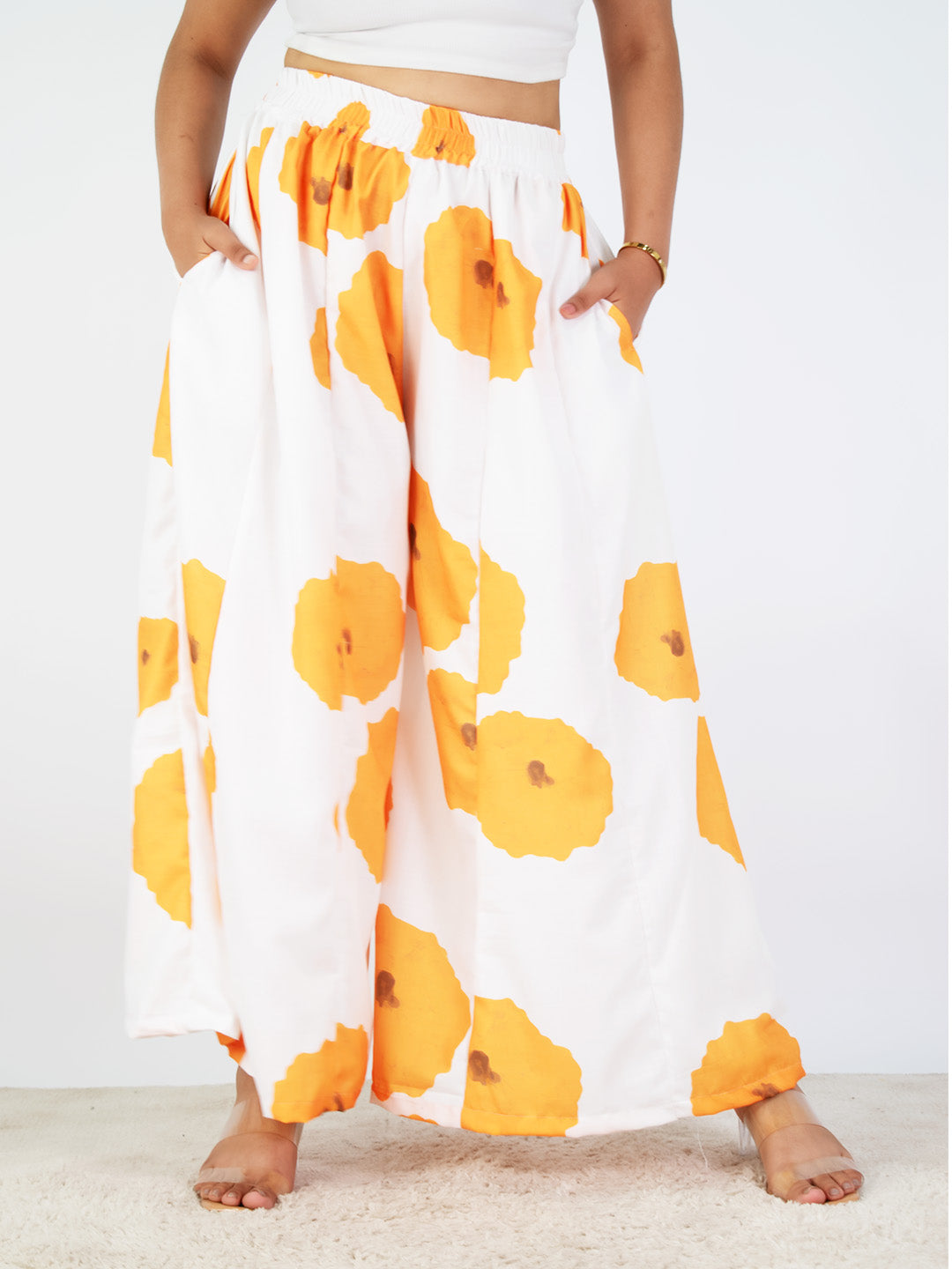 White&Yellow FloralCottonSlub Flared Palazzo