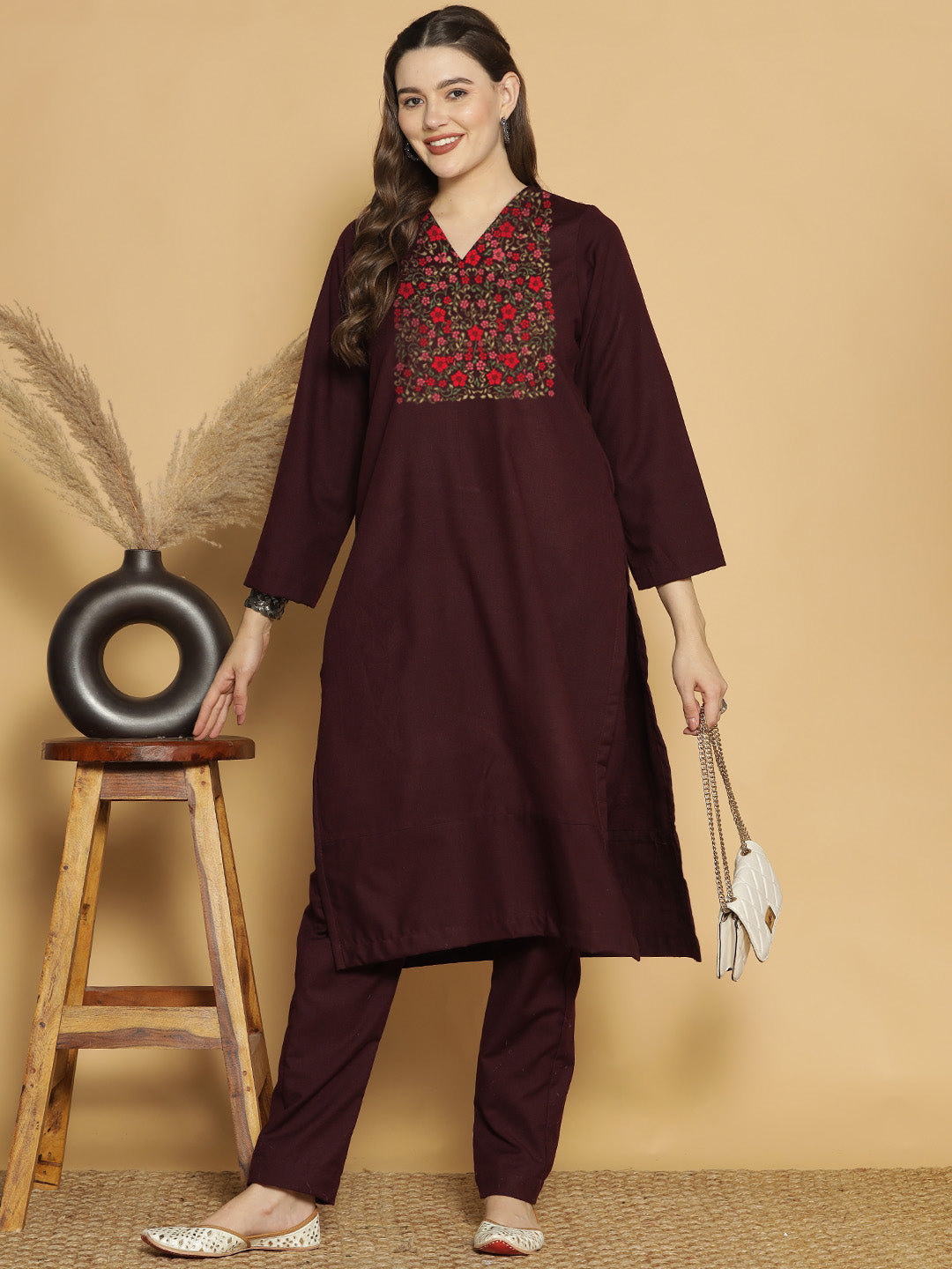 Wine Acrylic LongKurta - Saba