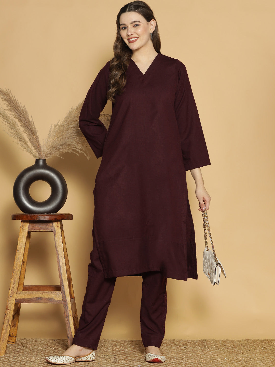 Wine Acrylic LongKurta - Solid