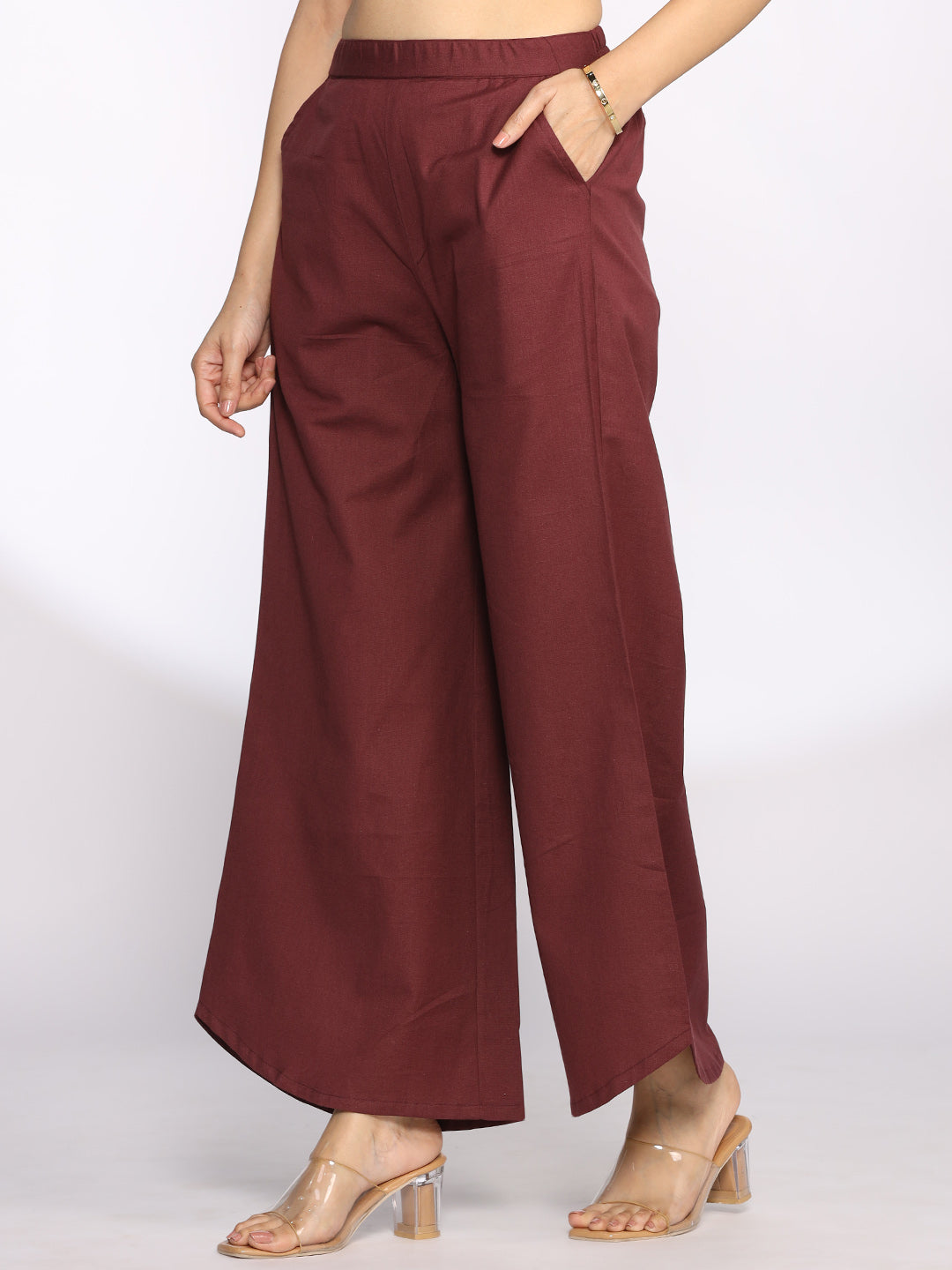 Burgundy Cotton Curved Palazzos
