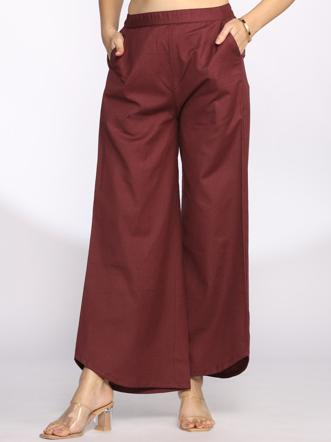 Burgundy Cotton Curved Palazzos