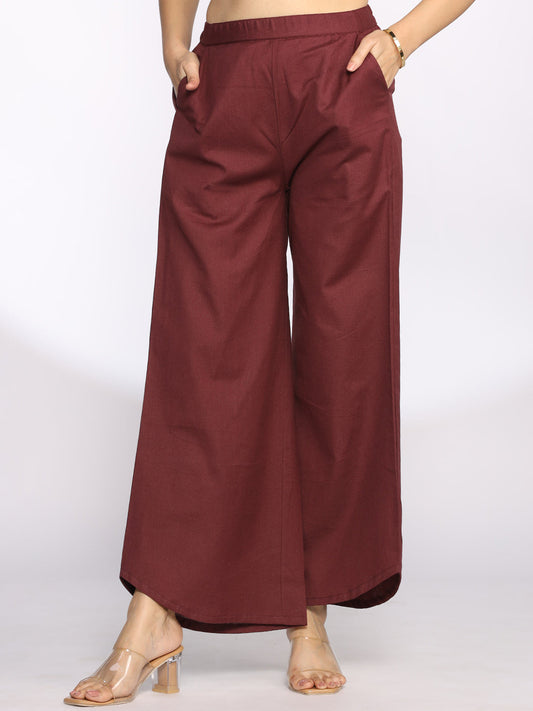 Burgundy Cotton Curved Palazzos