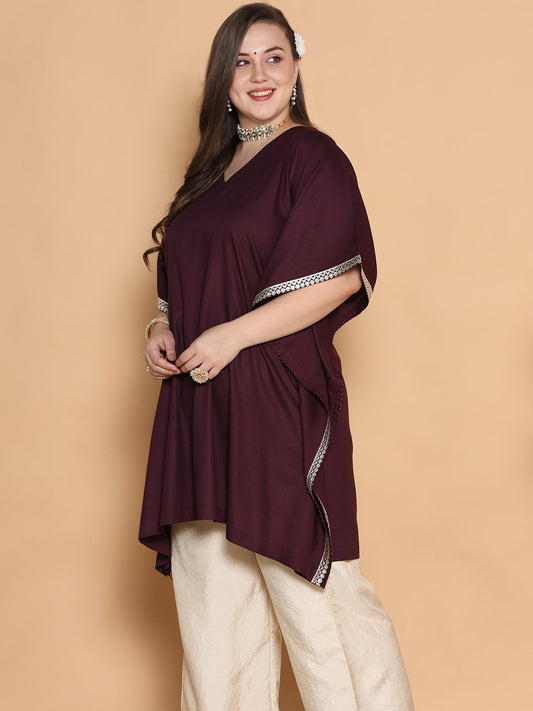 Wine Rayon Embellished Kaftan Kurta