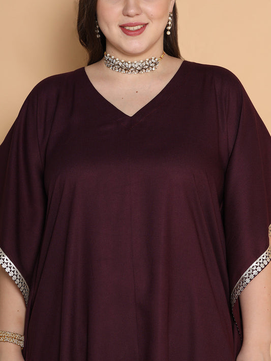 Wine Rayon Embellished Kaftan Kurta