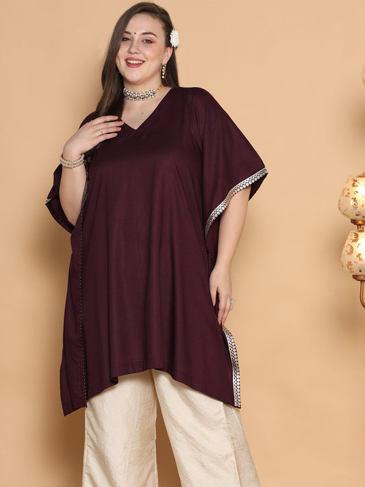 Wine Rayon Embellished Kaftan Kurta