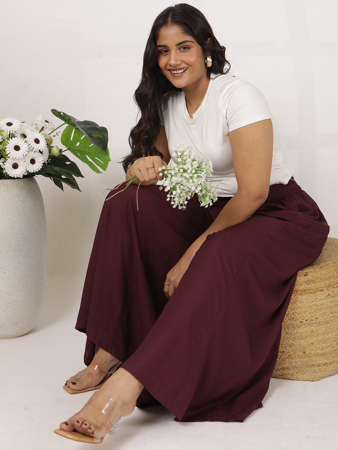 Wine Rayon Flared Palazzo