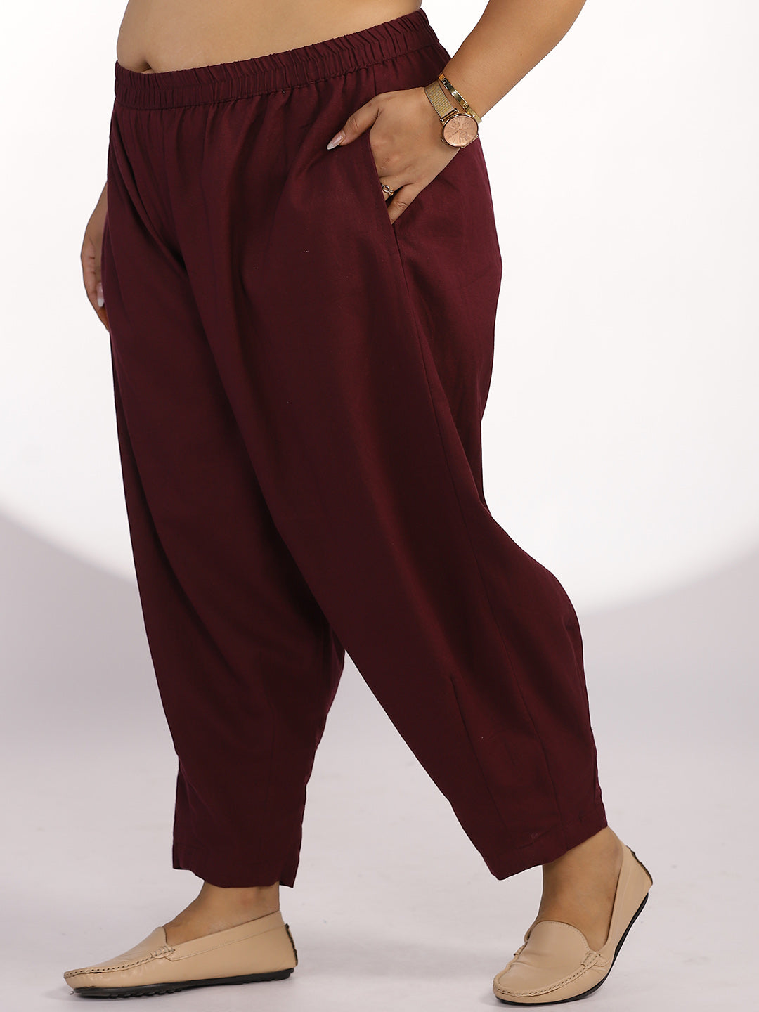 Wine Cotton Mom-Fit Pants