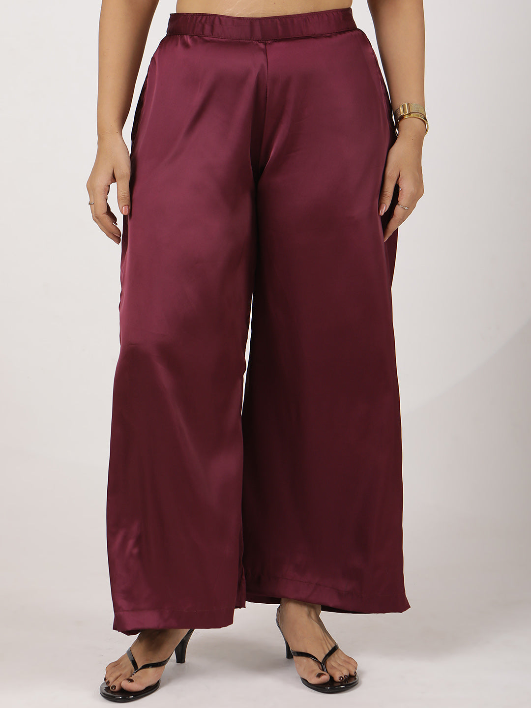 Wine Satin Wide-Leg Pants