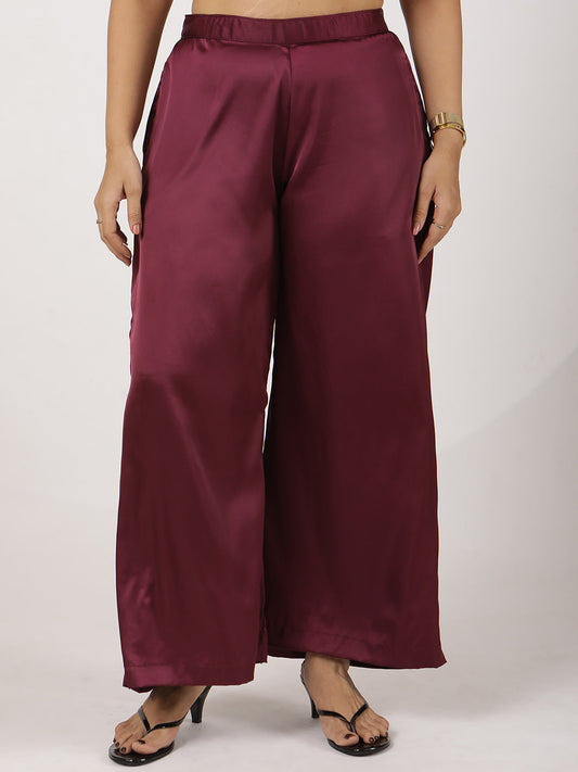Wine Satin Wide-Leg Pants
