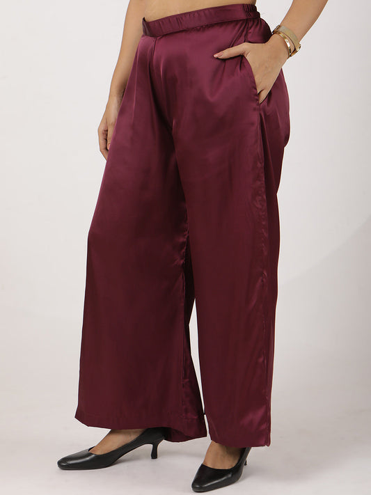 Wine Satin Wide-Leg Pants
