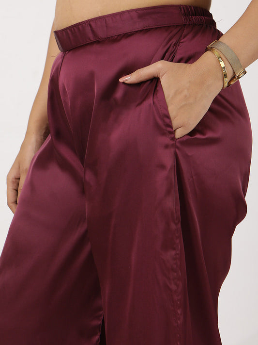 Wine Satin Wide-Leg Pants