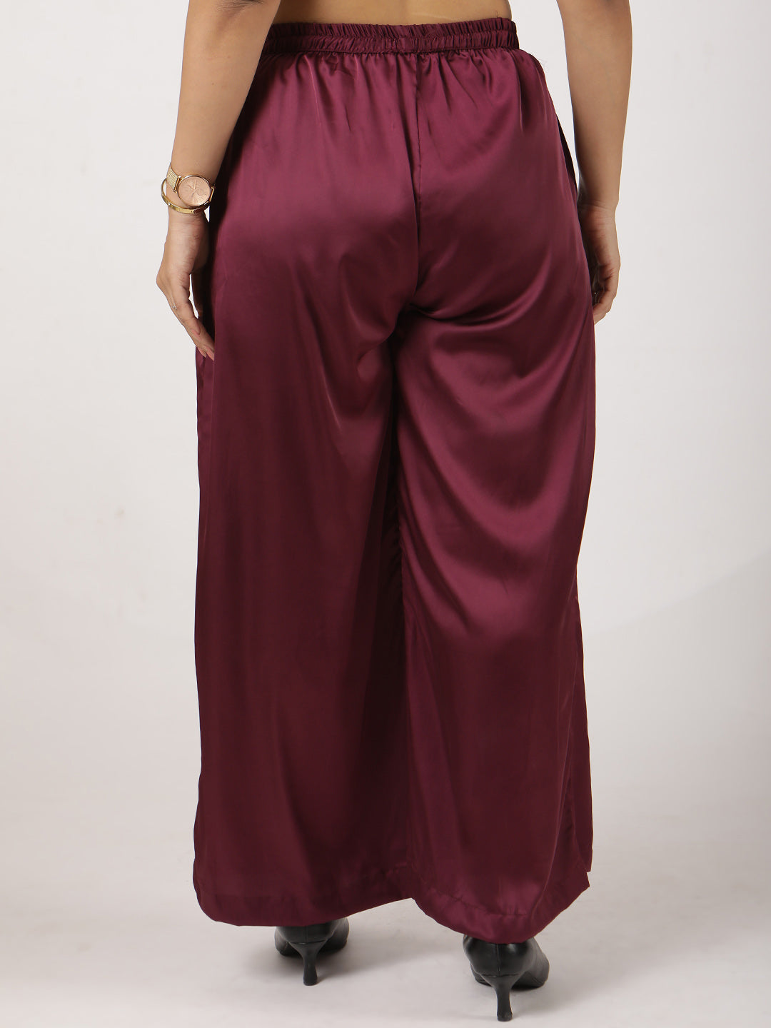 Wine Satin Wide-Leg Pants