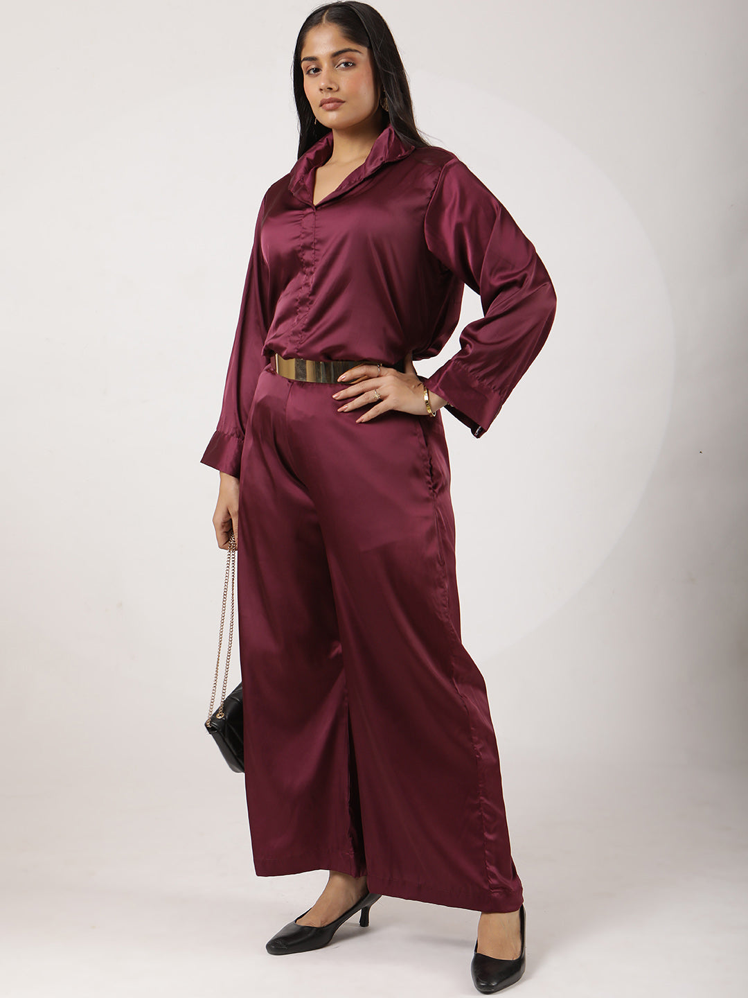 Wine Satin Wide-Leg Pants