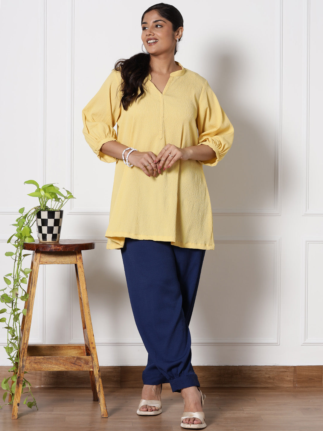 Yellow Textured MandarinTop & Navy AfghaniSalwar