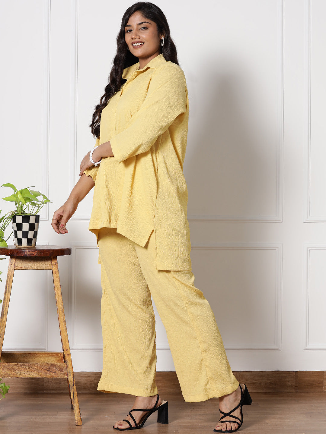 Yellow Textured ShirtTop & WaistbandPalazzo