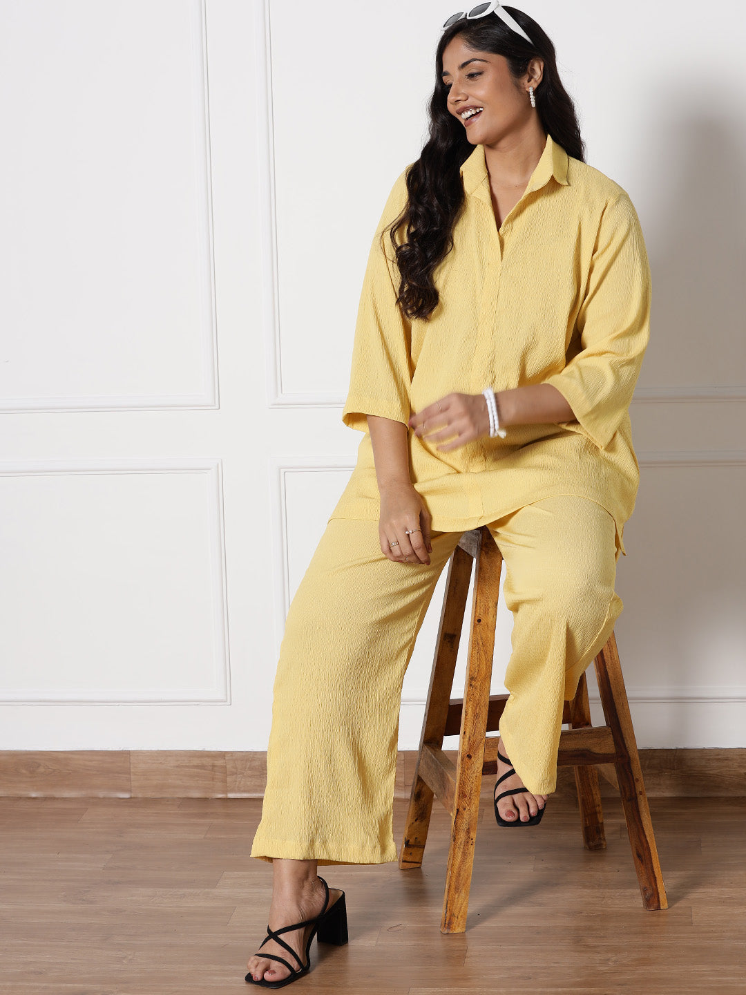 Yellow Textured ShirtTop & WaistbandPalazzo