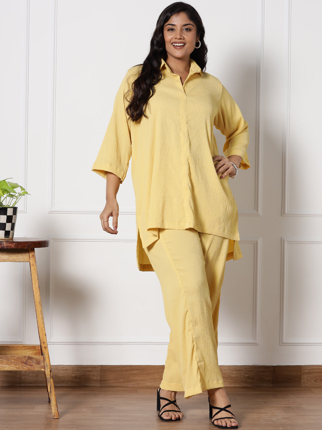 Yellow Textured ShirtTop & WaistbandPalazzo