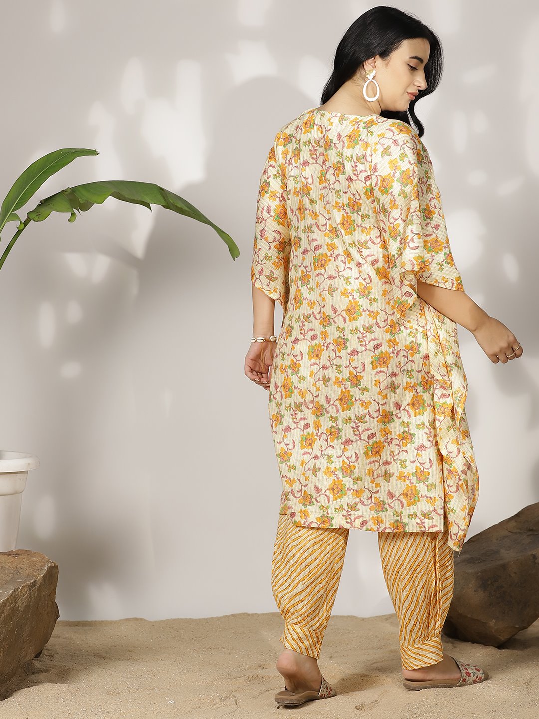 YellowFloral Cotton LongKaftan