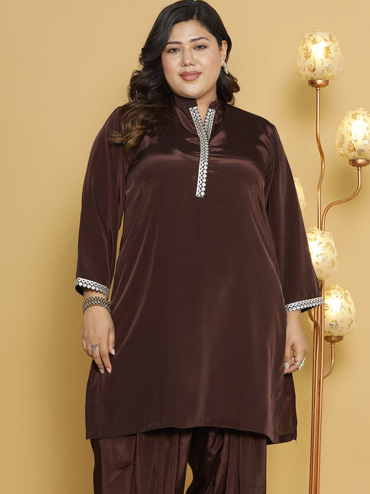 Coffee Crepe Silk Embellished Collar Kurta