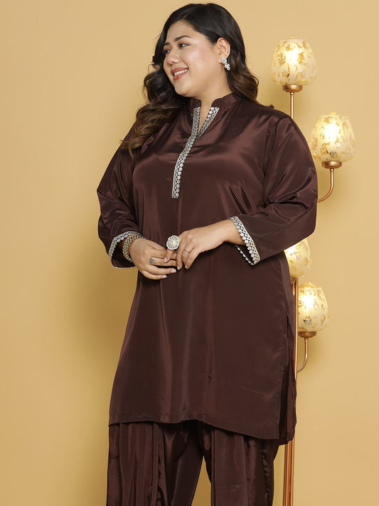 Coffee Crepe Silk Embellished Collar Kurta