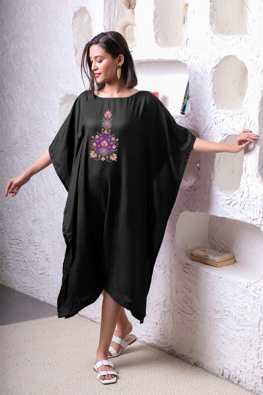 Black Rayon Long-Kaftan - Mughal motif | XS to 8XL | Plus Size Clothing for women | LetsDressUp