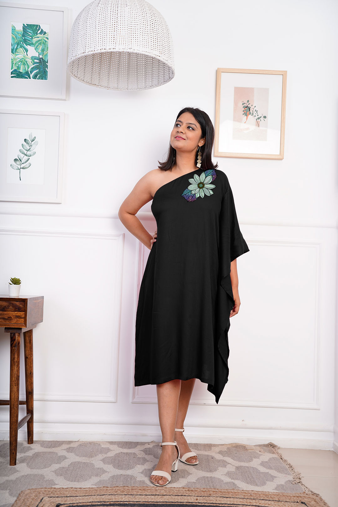 Black Rayon OneShoulder Dress - Azure
