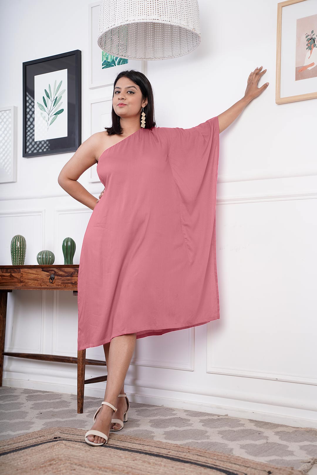 Blush Rayon OneShoulder Dress - Solid