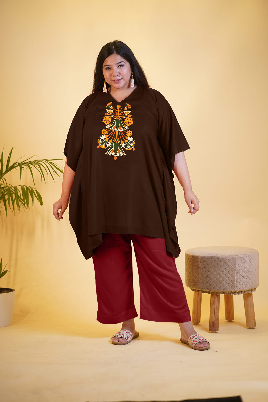 Coffee Rayon Kurti & Maroon Palazzo - Nishata