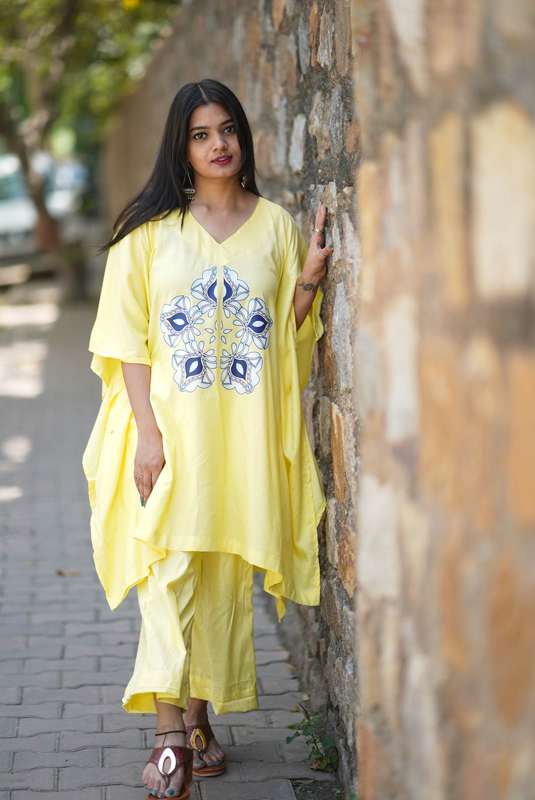 Lemon Rayon Kurti & Palazzo - Firoza Bagh