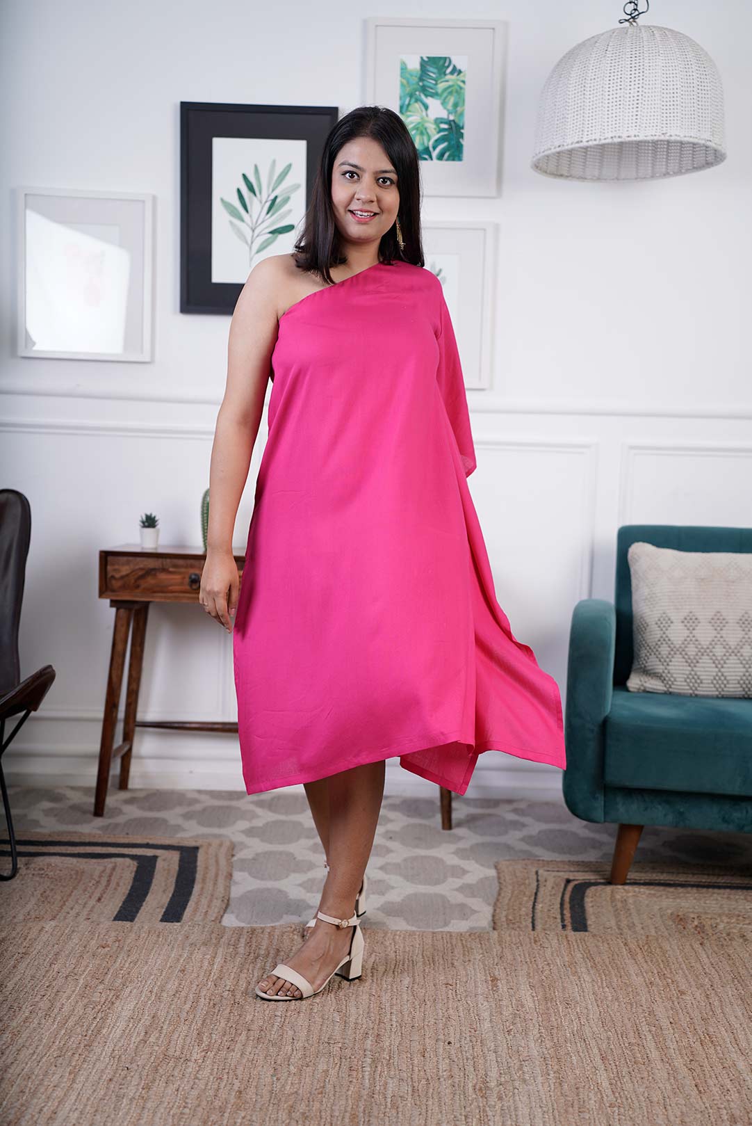Magenta Rayon OneShoulder Dress - Solid